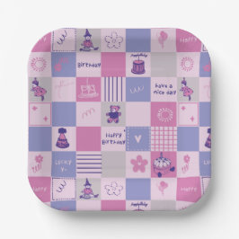 Plato De Papel Cuadrados de Cumpleaños Adorables – Patrón Moderno