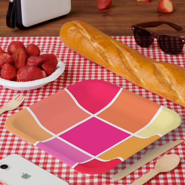 Plato De Papel Cuadrados rosa, Naranja y amarillo (Picnic)
