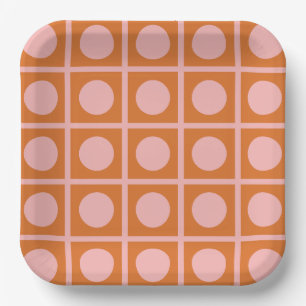 Plato De Papel Cuadrícula de puntos retro Pink and Naranja Patter