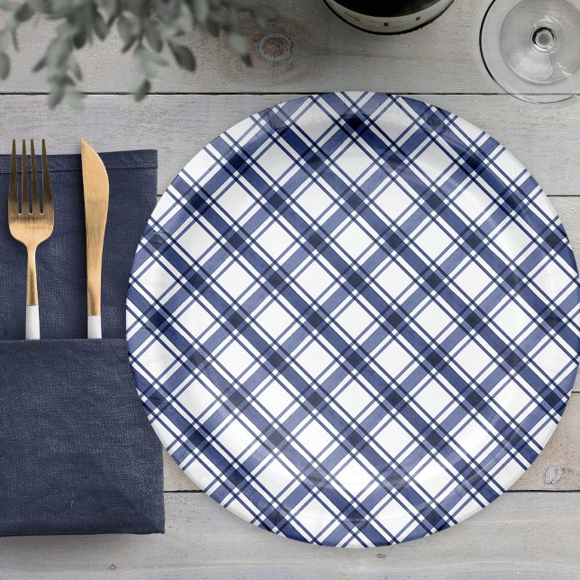 Plato De Papel Cuadro Azul (Blue Plaid Paper Plates
)