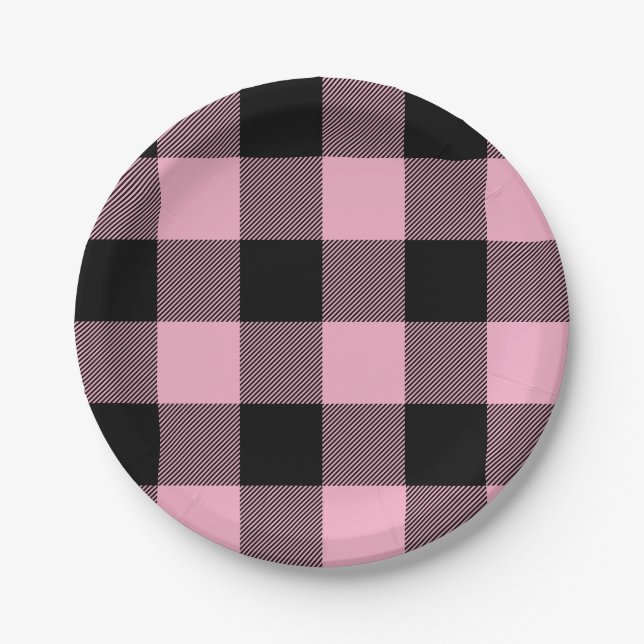 Plato De Papel Cuadro de búfalo rosa y negro de moda (Anverso)