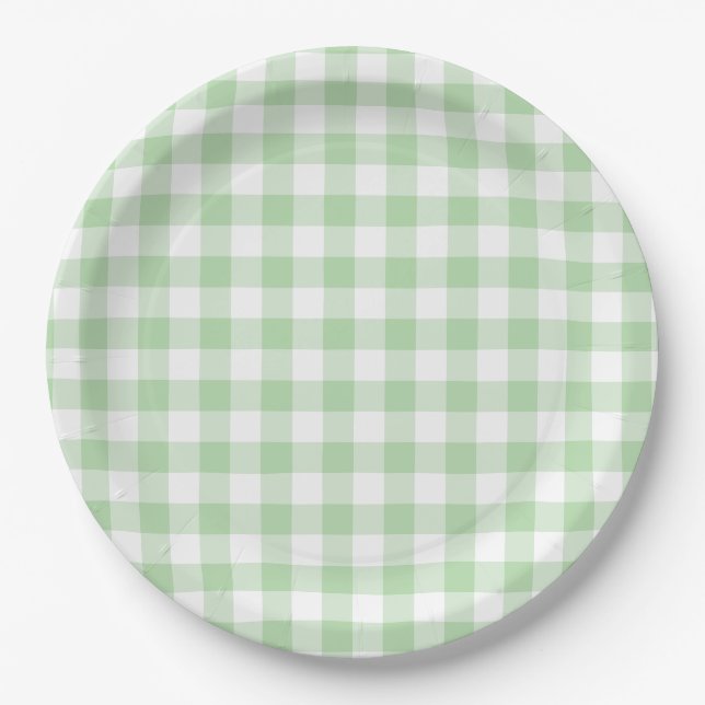 Plato De Papel Cuadro de gingham verde pálido (Anverso)