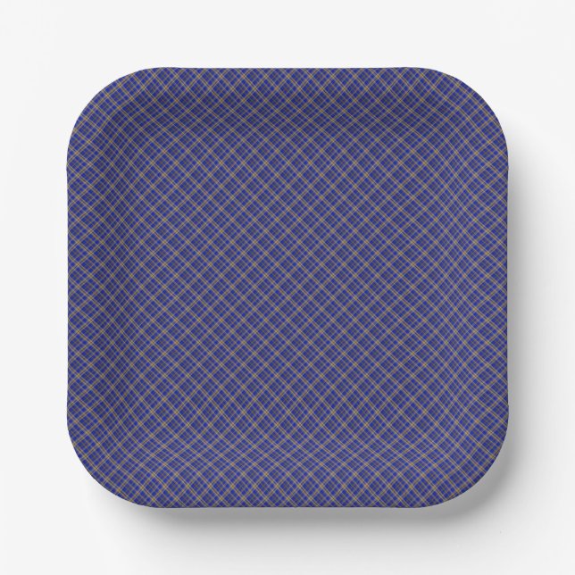 Plato De Papel Cuadro escocés azul y amarillo. (Anverso)