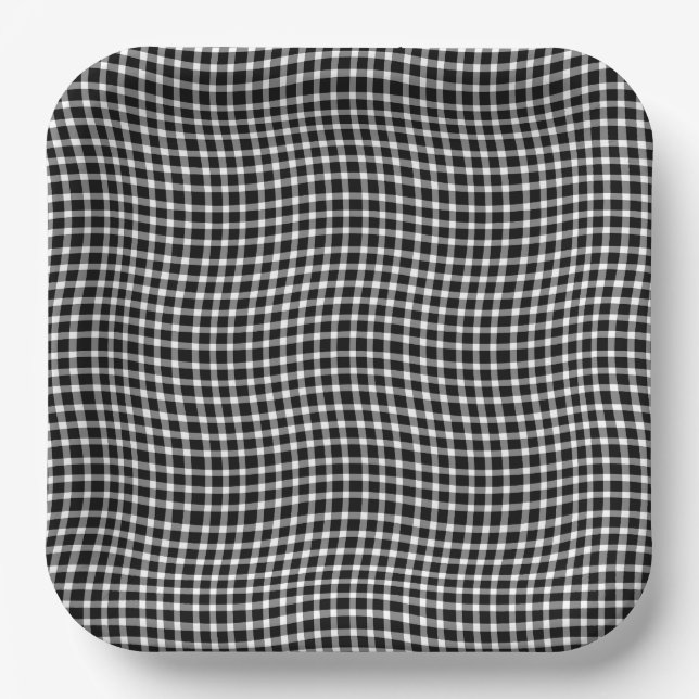 Plato De Papel Cuadro Escocés Negro Blanco Patrón Continuo (Anverso)