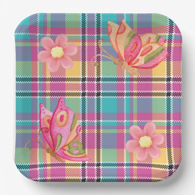 Plato De Papel Cuadro pastel con mariposas y flores cuadrado (Anverso)