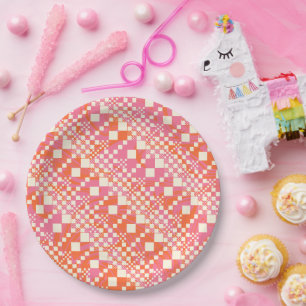 Plato De Papel Cuadros, Cuadros - Rosa, Naranja y Crema