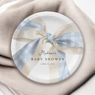 Plato De Papel Cuadros de Gingham Azul con Lazo para Baby Shower