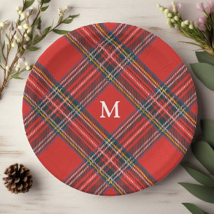 Plato De Papel Cuadros de Tartán Rojo Monograma de Navidad