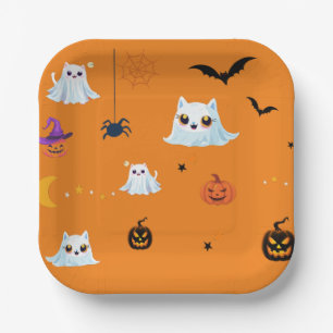 Plato De Papel Cuadros Gato Fantasma fiesta de calabaza de Hallow