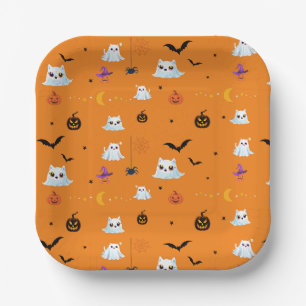 Plato De Papel Cuadros Gato Fantasma fiesta de calabaza de Hallow