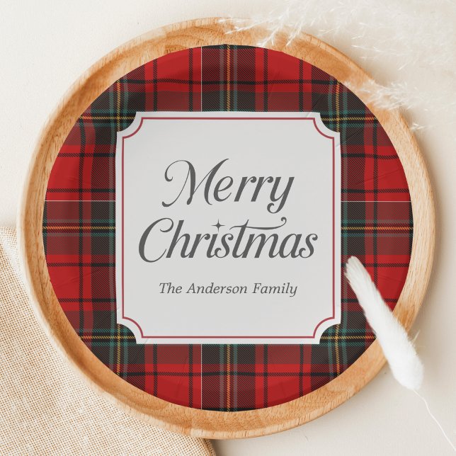 Plato De Papel Cuadros Rojos Feliz Navidad Redondos (Red Plaid Modern Merry Christmas Holiday Paper Plate)