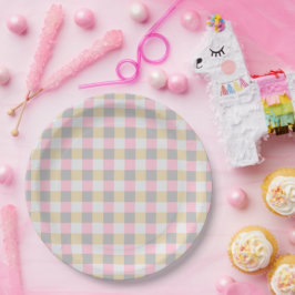 Plato De Papel Cuadros rosa pastel amarillo gris