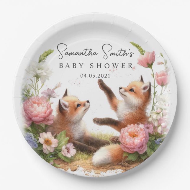 Plato De Papel Cuadros Woodland Baby Foxes Baby Shower Primavera (Anverso)