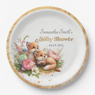 Plato De Papel Cuadros Woodland Baby Foxes Baby Shower Primavera