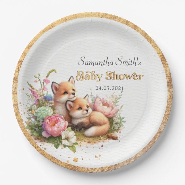 Plato De Papel Cuadros Woodland Baby Foxes Baby Shower Primavera (Anverso)