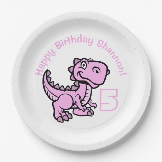 Plato De Papel Cualquier cumpleaños de dinosaurio rosado de edad (Anverso)