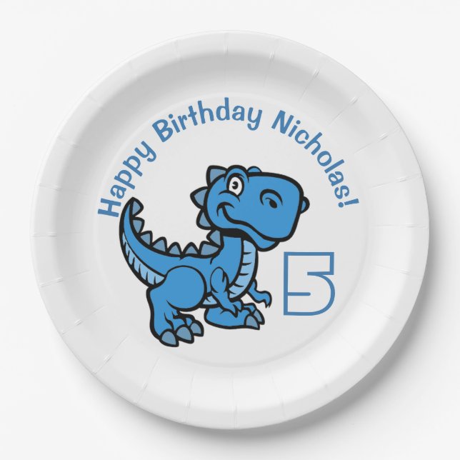 Plato De Papel Cualquier Edad Azul T Rex Dinosaurio Cumpleaños (Anverso)