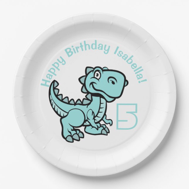 Plato De Papel Cualquier Edad Verde azulada T Rex Dinosaur Birday (Anverso)