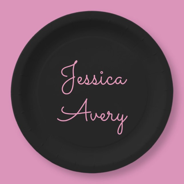 Plato De Papel Cualquier nombre | Guay Editable Pink Script on Bl (Subido por el creador)