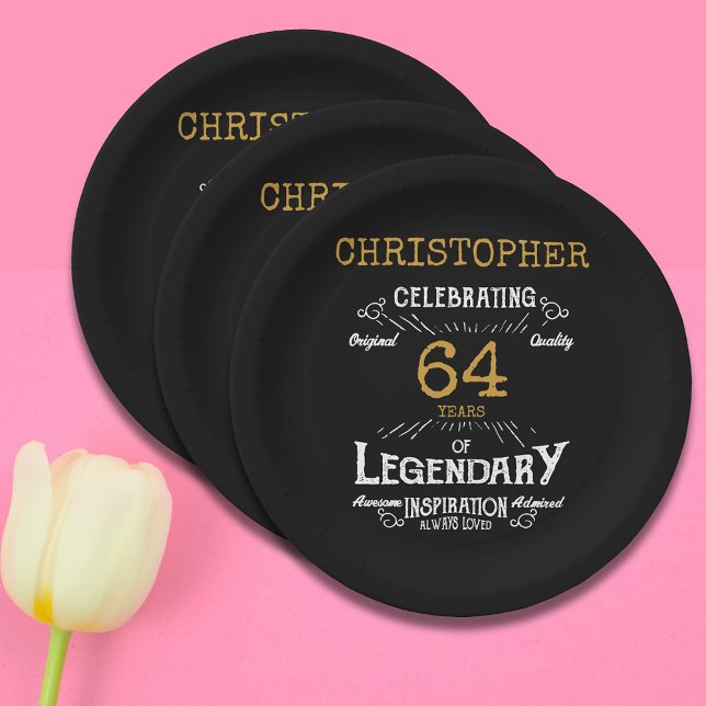 Plato De Papel Cualquier retro de oro negro legendario de cumplea (Birthday party paper plates in black and gold.)