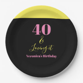 Plato De Papel Cuarenta y Amándolo Cumpleaños 40º Amarillo Negro