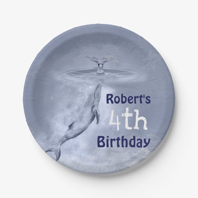 Plato De Papel Cuarto cuarto cumpleaños de la ballena azul cuta (Anverso)