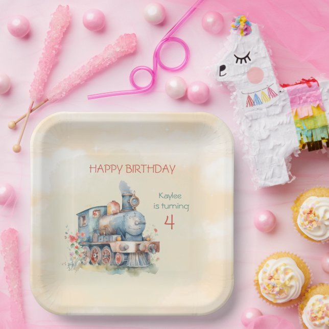 Plato De Papel Cuarto cumpleaños del Chica del motor del tren (Fiesta)