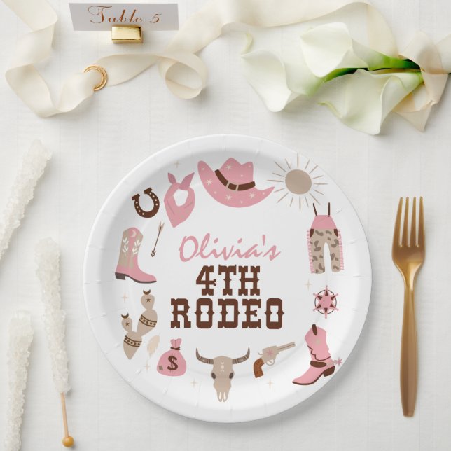 Plato De Papel Cuarto Rodeo Rosa Occidental Vaquero Cumpleaños 4 (Boda)