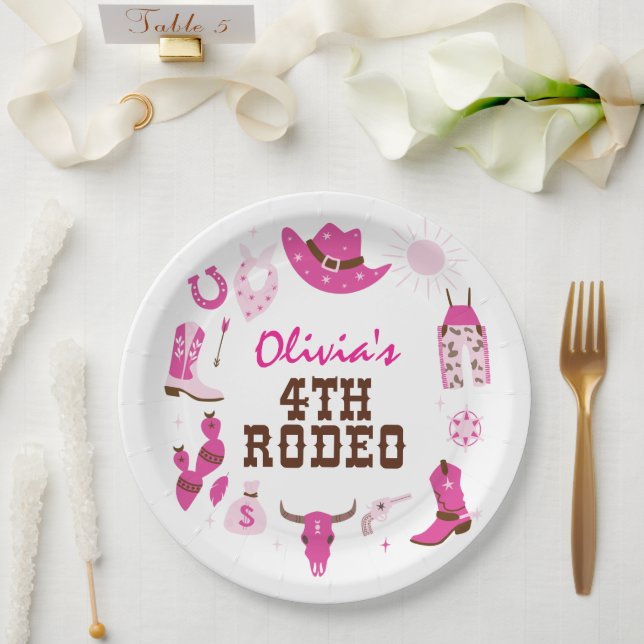 Plato De Papel Cuarto Rodeo Rosa Occidental Vaquero Cumpleaños 4 (Boda)