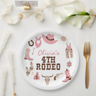 Plato De Papel Cuarto Rodeo Rosa Oeste Cowboy 4º Cumpleaños