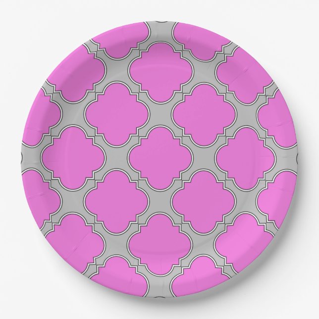 Plato De Papel Cuatrefoil rosa y gris (Anverso)