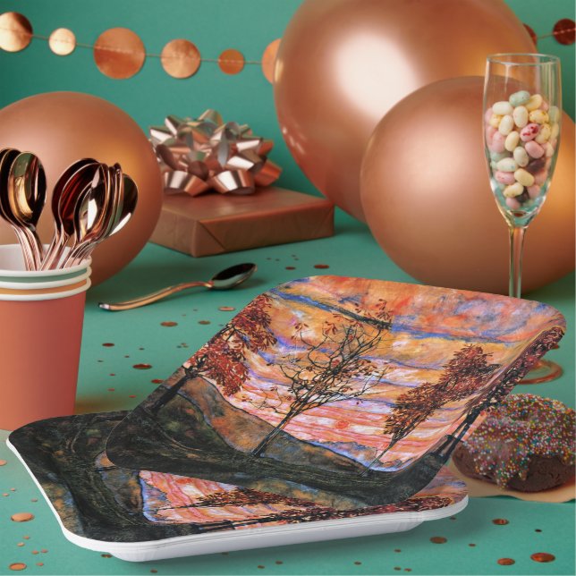 Plato De Papel Cuatro árboles, arte de Egon Schiele, (Multi)