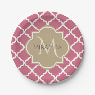 Plato De Papel Cuatro hojas rosadas con monograma femenino y nomb