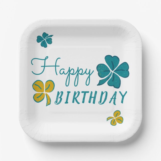 Plato De Papel Cuatro Leaf Clover Shamrock Feliz Cumpleaños (Anverso)