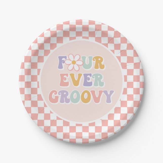 Plato De Papel Cuatro Siempre Groovy Pink Daisy Checker (Anverso)