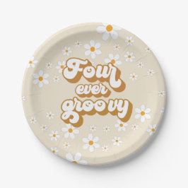 Plato De Papel Cuatro Siempre Retro Groovy Daisy 4 Cumpleaños