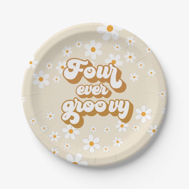 Plato De Papel Cuatro Siempre Retro Groovy Daisy 4 Cumpleaños (Anverso)
