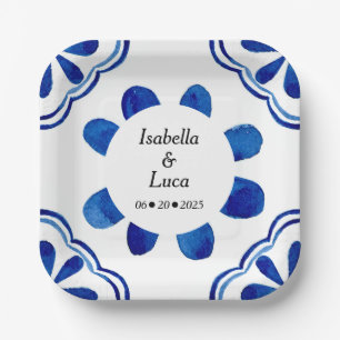 Plato De Papel Cubierta acuática de azulejos florales mediterráne