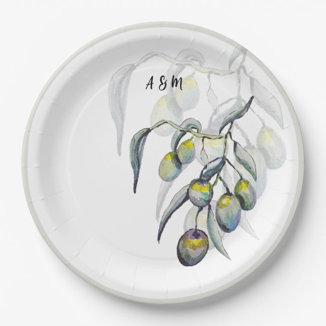 Plato De Papel Cubierta acuática de rama de olivo mágico pintada  (Anverso)