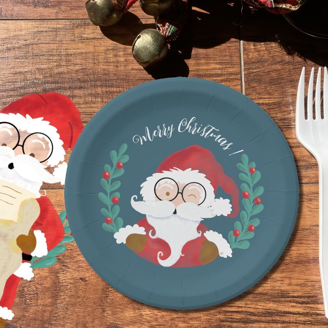 Plato De Papel Cubierta de papel de los Navidades Santa Blue Wink (Winking Santa Claus blue Holiday paper plates .)