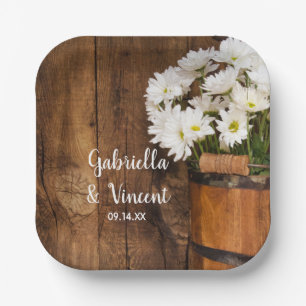 Plato De Papel Cubo de madera Daisies Blancos Boda de granero