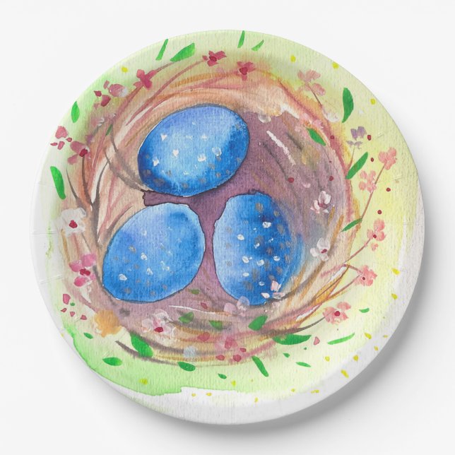 Plato De Papel Cubos de Pascua acuarelas huevos blues (Anverso)