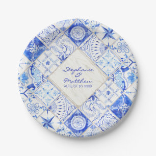Plato De Papel Cuello de agua Ruido País Azul Tile Blanco Diamant