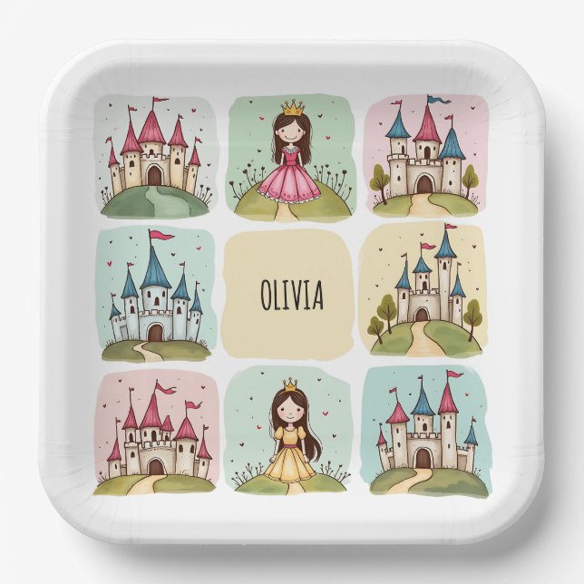 Plato De Papel Cuento de Hadas Adorable Castillo y Dibujos de Pri (Anverso)