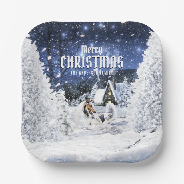 Plato De Papel Cuento de Hadas de Navidad de Invierno, Collie Blu (Anverso)