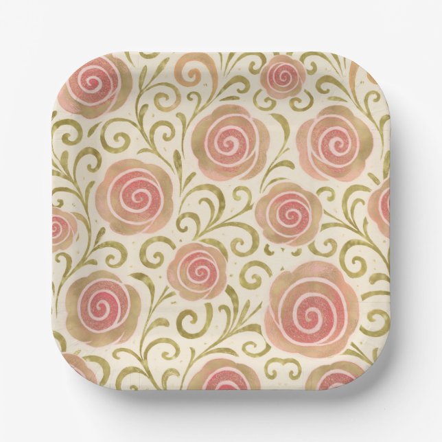 Plato De Papel Cuento de Hadas Princesa Rosas Rosa y Oro (Anverso)