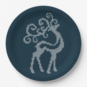 Plato De Papel Cuerna de reno de Navidad diseño tejido nórdico