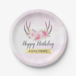 Plato De Papel Cuerno Floral Rosado y Dorado Cumpleaños de Niña