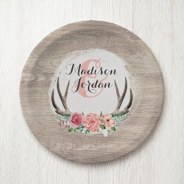 Plato De Papel Cuerno Floral Rústico Madera Boda Personalizada