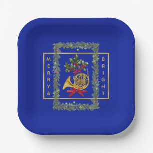 Plato De Papel Cuerno francés elegante de Navidad azul real